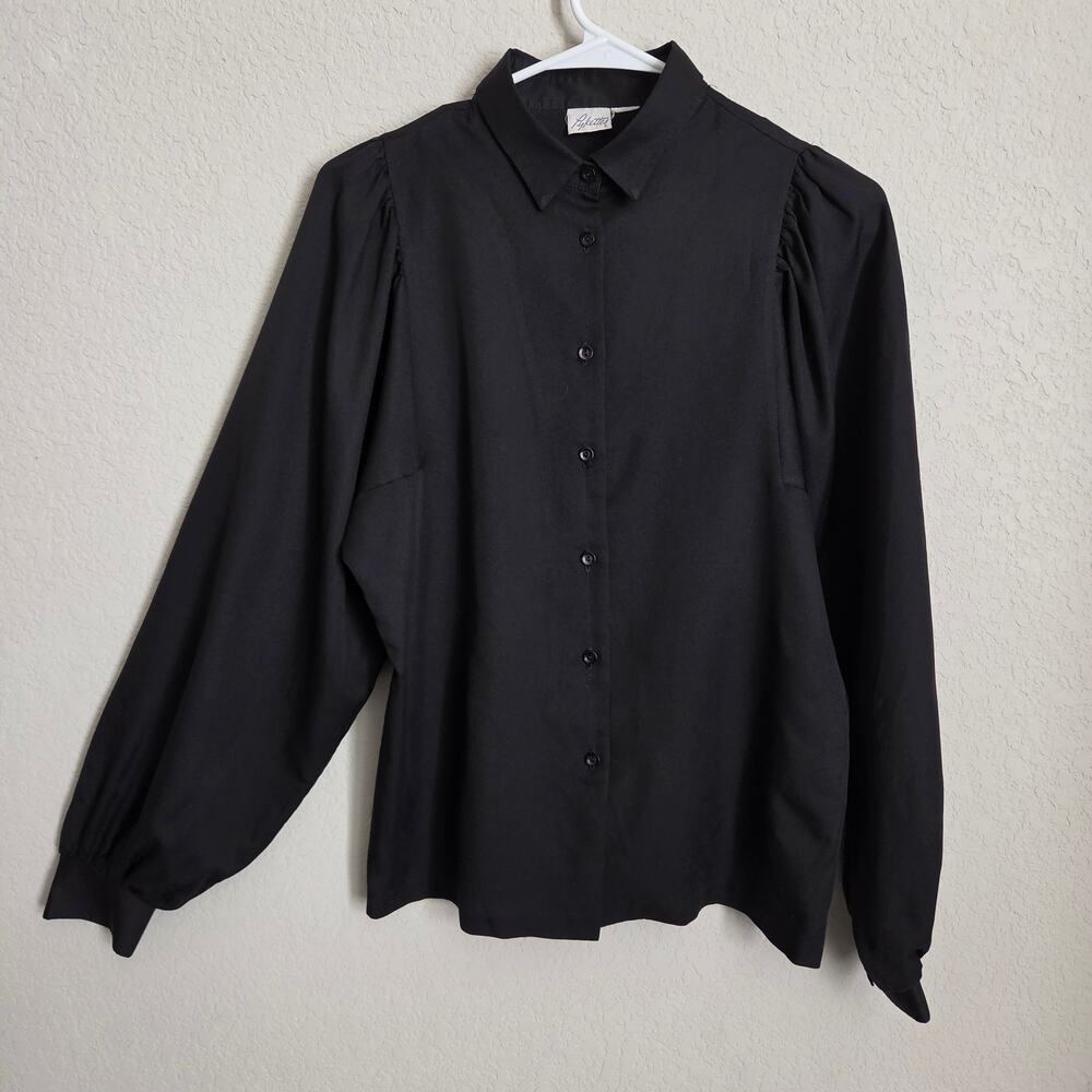 Vintage Pykettes Blouse Womens Medium Large 80s Long Sleeve Black Puff Sleeve
